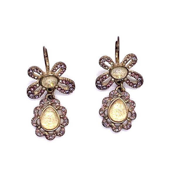 Vintage Gold Tone Crystal Flower Drop Earrings Dangle Rhinestone Art Deco 50s - Picture 2 of 7